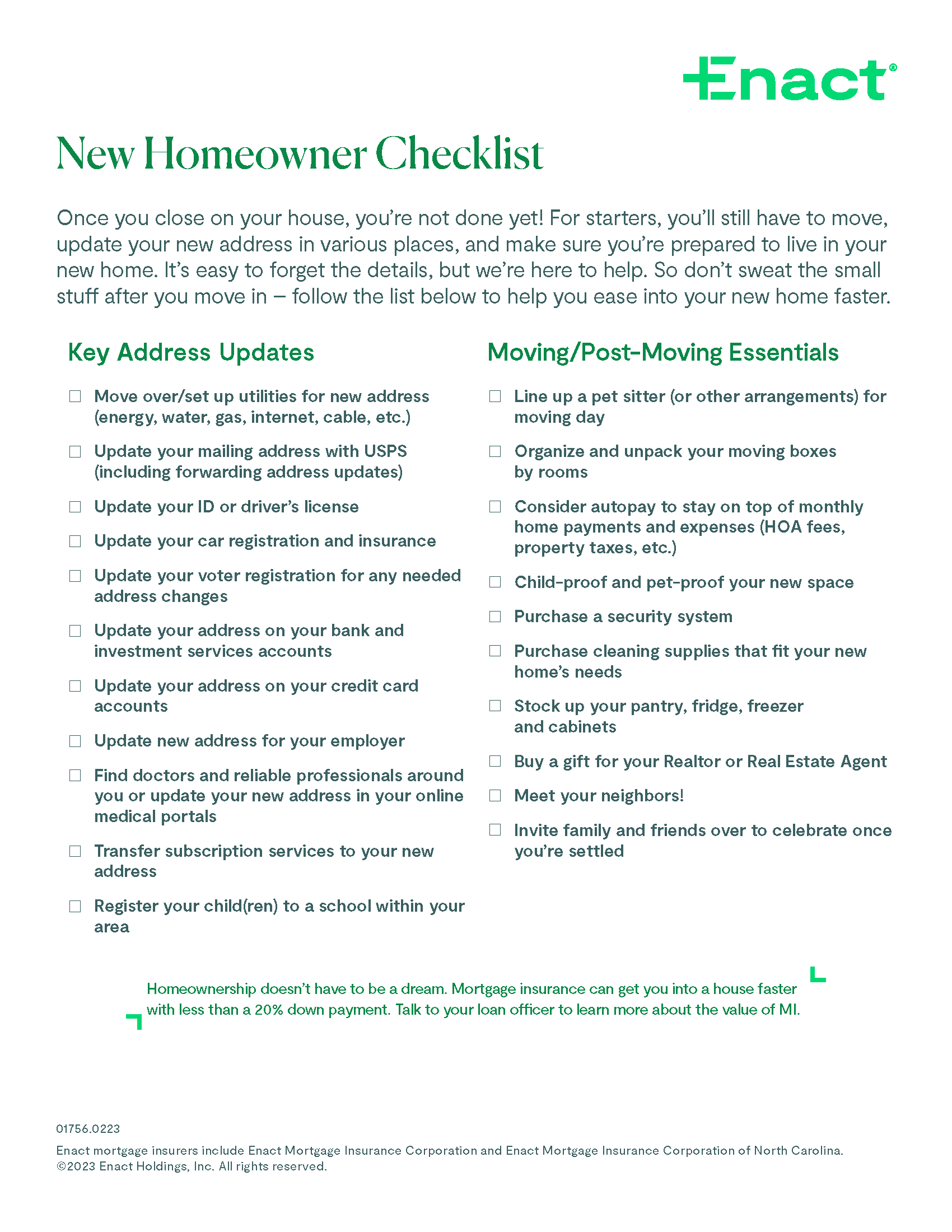 Enact's New Homeowner Checklist